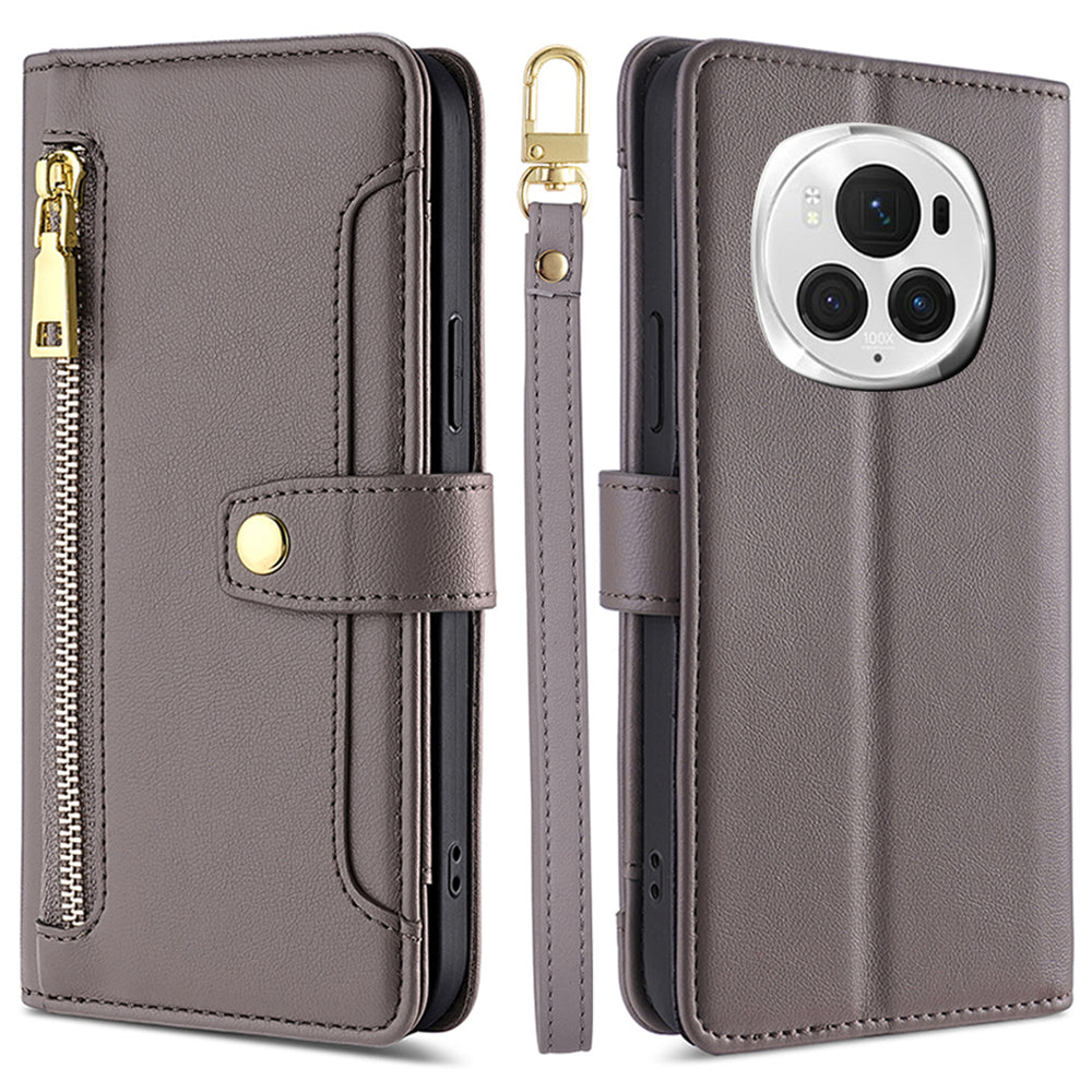 For Honor Magic6 Pro 5G Case Zipper Pocket Wallet Anti-Drop Leather Phone Cover with 2 Straps For Honor Magic6 Pro 5G Case Zipper Pocket Wallet Anti-Drop Leather Phone Cover with 2 Straps